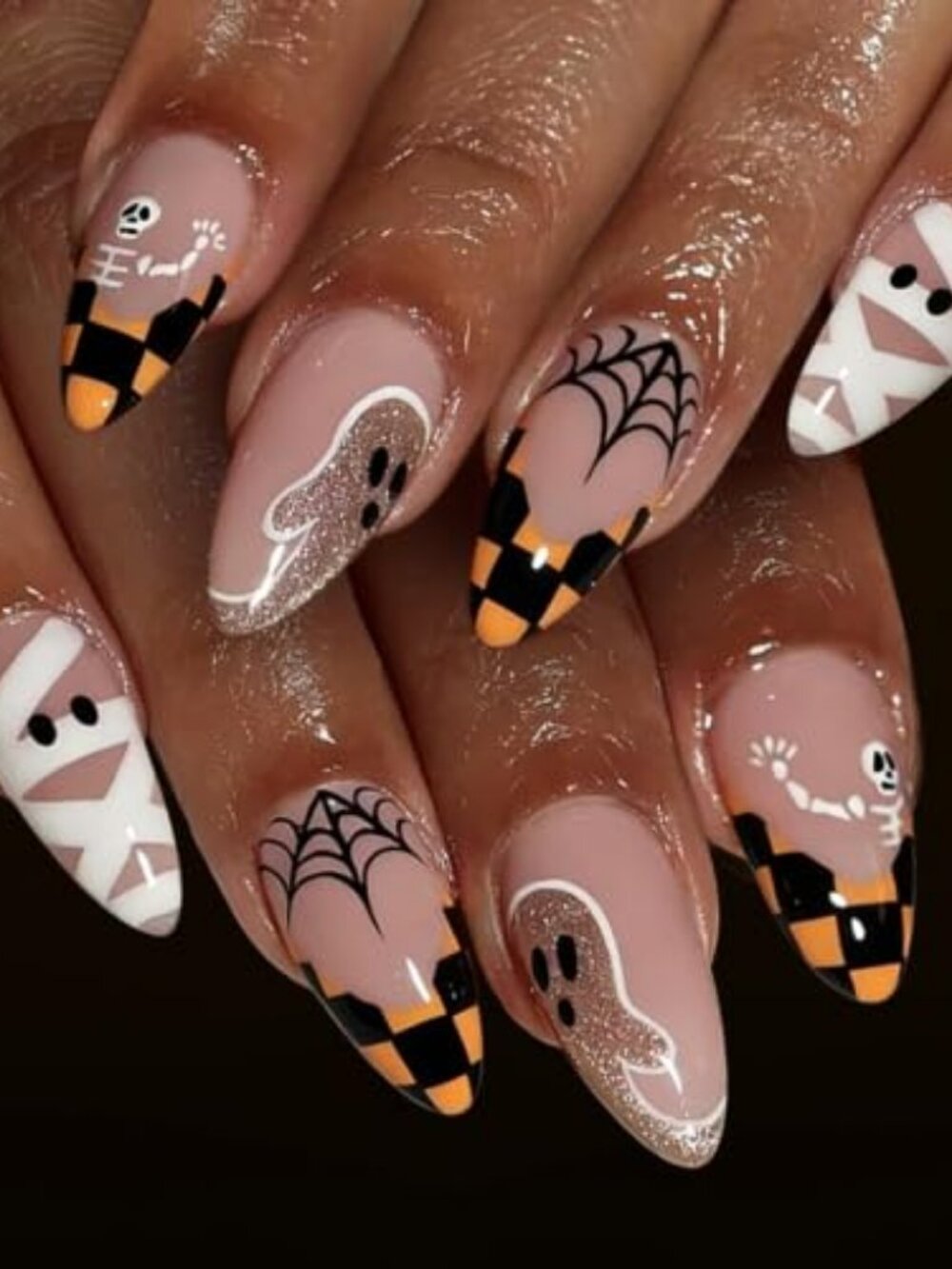 Halloween Almond Press on Nails Medium French Ghost Skull Fake Nail | 24Pcs